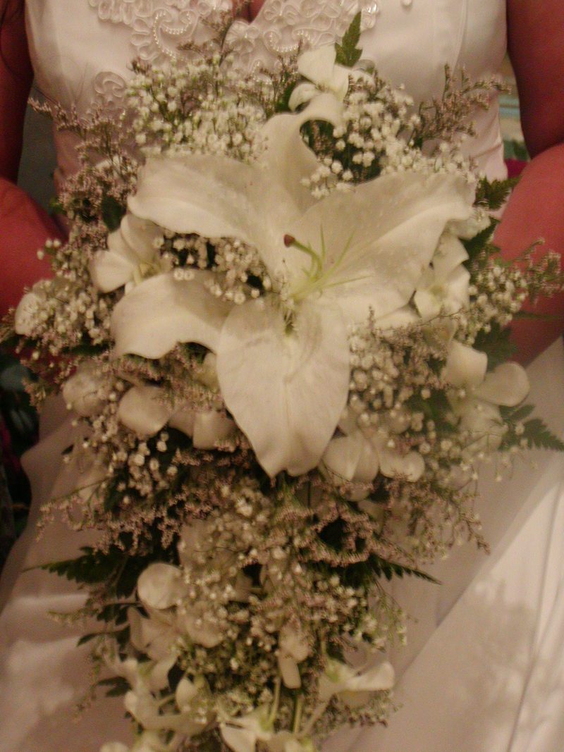 Cascading white lily bouquet